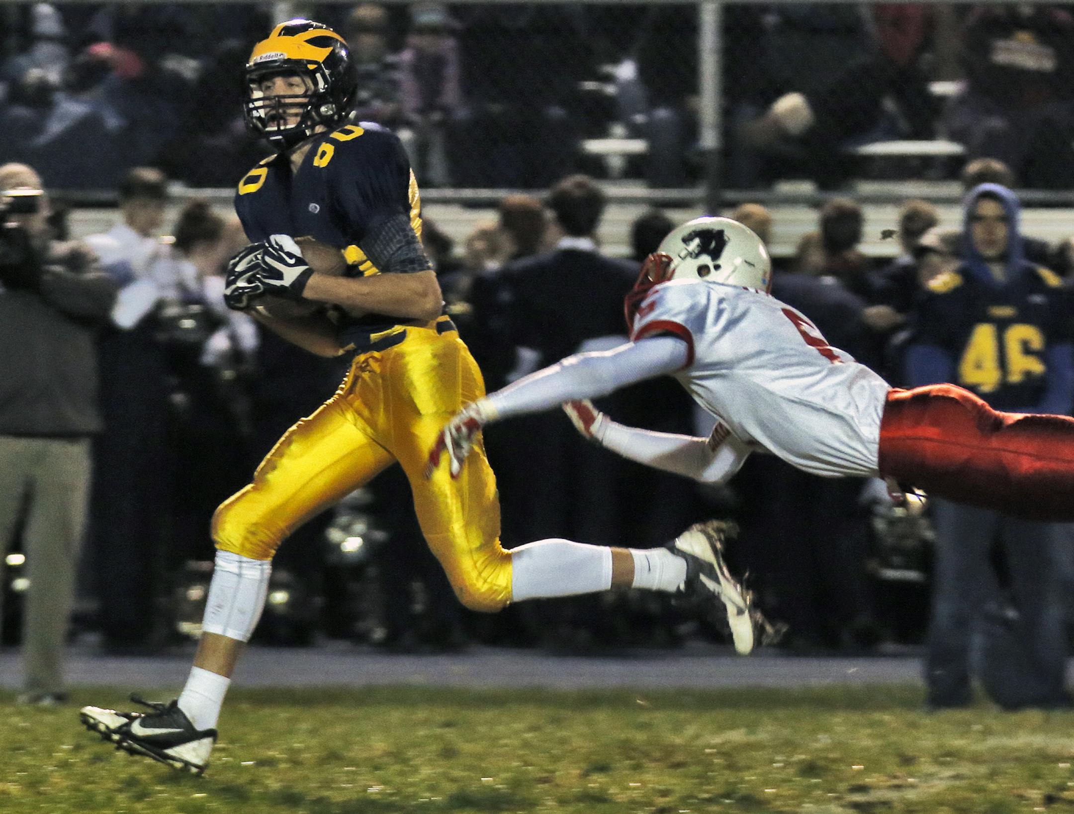 Rosemount vs. Lakeville North prep football. Rosemount's Tyler Hartigan hauled in a 60-yard pass for a first half touchdown beating Lakeville North defender Stu Hamann on the play. . (MARLIN LEVISON/STARTRIBUNE(mlevison@startribune.com)