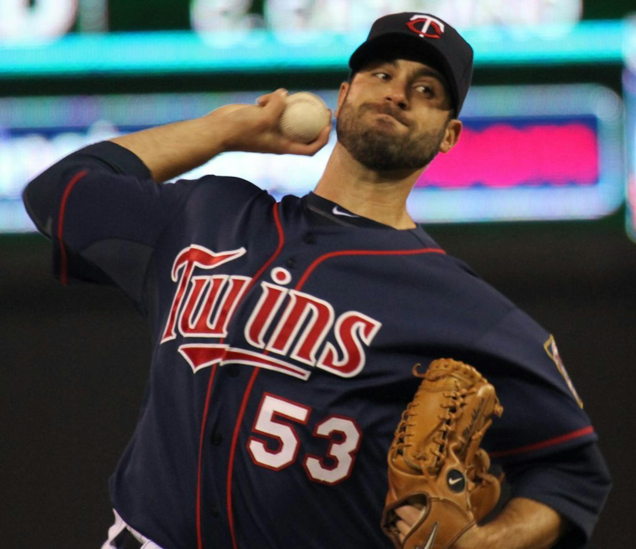 Minnesota Twins vs. Toronto Blue Jays, 5/11/12, Target Field. (left to right) Twins Nick Blackburn pitched to Toronto in the first inning.