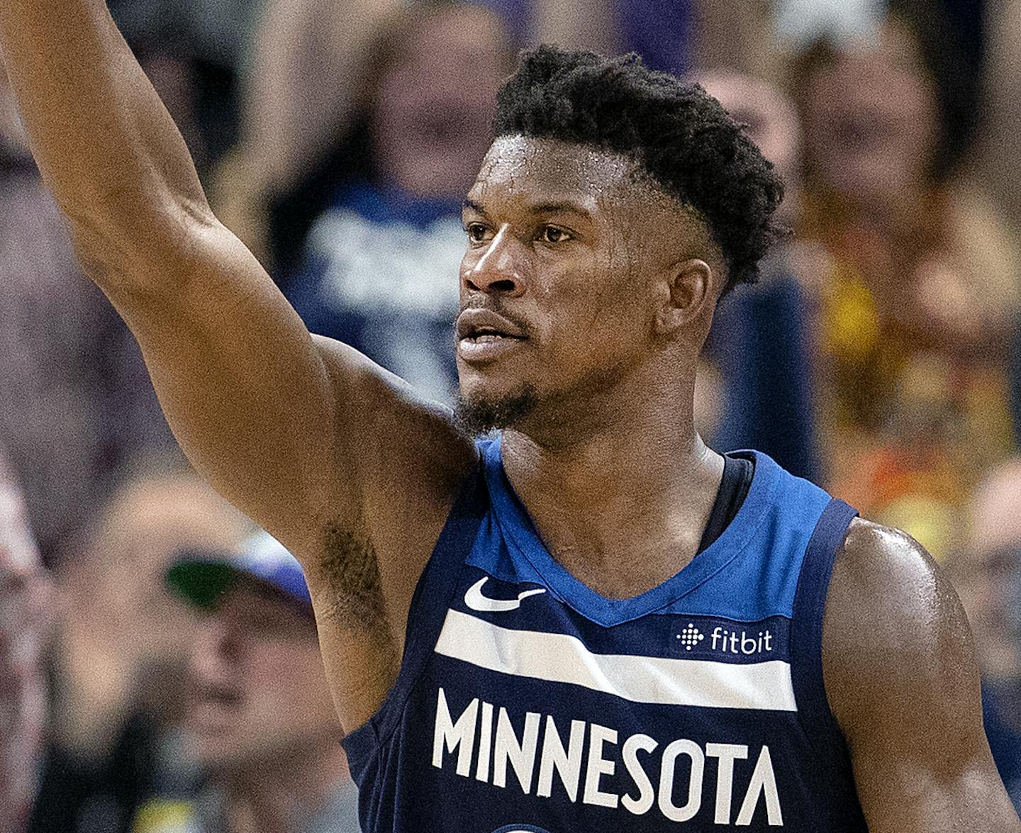 Minnesota Timberwolves Jimmy Butler (23) after making a three pointer in the fourth quarter. ] CARLOS GONZALEZ &#xef; cgonzalez@startribune.com &#xf1; April 21, 2018, Minneapolis, MN, Target Center, NBA Playoffs, Basketball, Minnesota Timberwolves vs. Houston Rockets, Game 3 ORG XMIT: MIN1804212114361344