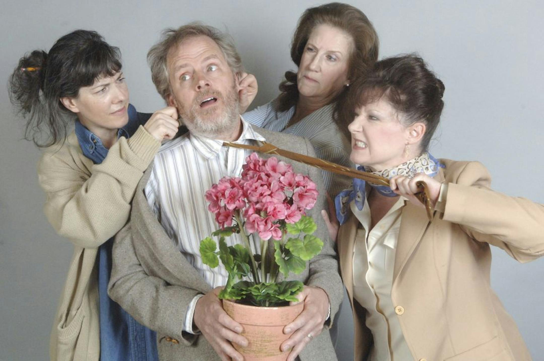 Lecherous Norman (John Adler,), wreaks havoc with the women in his family (l-r: Kelli Gorr, Muriel J. Bonertz, Amy Shomshak.) in "Round and Round the Garden."