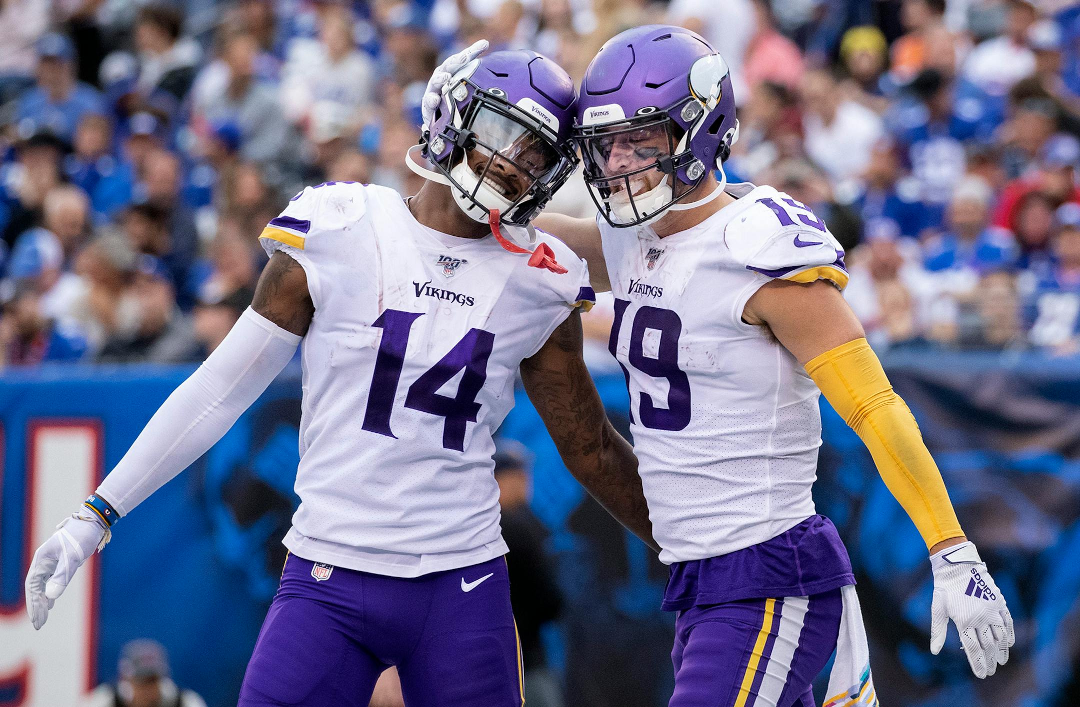 Vikings receivers Adam Thielen and Stefon Diggs after a touchdown in the third quarter against the New York Giants on Oct. 2