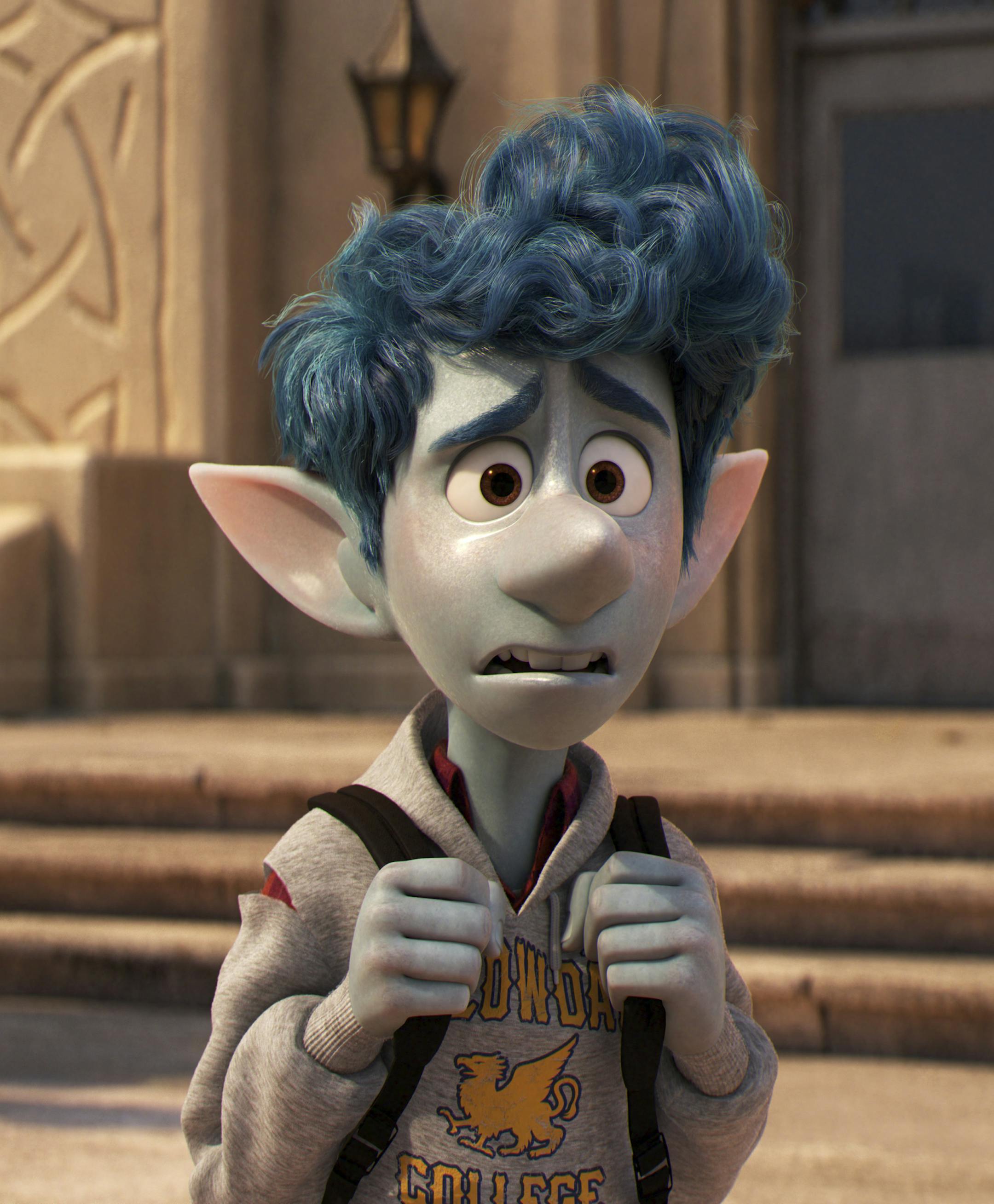 In this image released by Disney/Pixar, Ian Lightfoot, voiced by Tom Holland, foreground, appears in a scene from "Onward." (Disney/Pixar via AP)