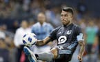 Minnesota United defender Francisco Calvo clears the ball away from the goal after a corner kick by Sporting Kansas City during the second half of an 