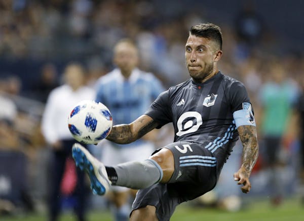 Minnesota United defender Francisco Calvo clears the ball away from the goal after a corner kick by Sporting Kansas City during the second half of an 