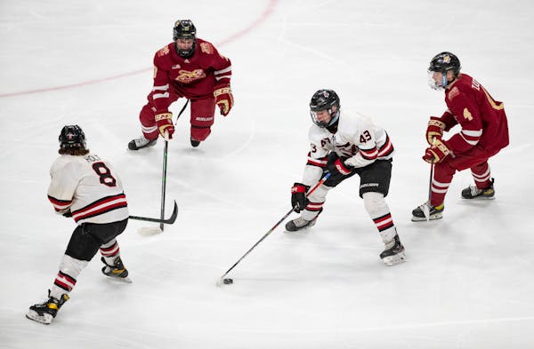 Eden Prairie forward Jackson Blake (43) is ranked No. 52 among North American skaters in the NHL Draft, according to the Central Scouting Bureau.
