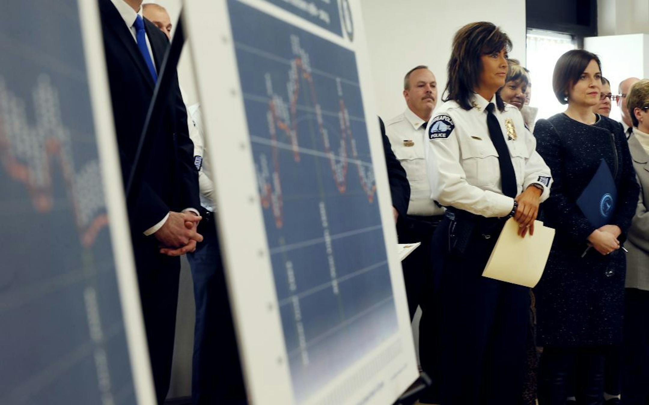 Minneapolis Police Chief Janee Harteau left and Mayor Betsy Hodges spoke about the fact that overall crime was down in 2014 during a news conference January 15, 2015 Minneapolis, MN.