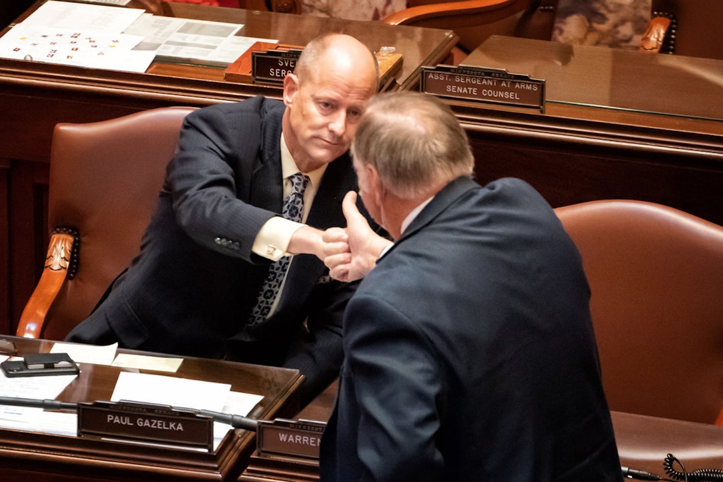 Sen. David Senjem, R-Rochester, the driving force for he bonding bill in the Senate, got a fist bump from Senate Majority Leader Paul Gazelka, R-East Gull Lake, and gave him a thumbs up Thursday.