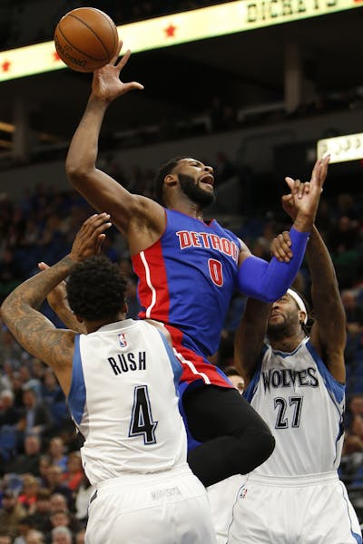 Detroit Pistons center Andre Drummond (0) is fouled by Minnesota Timberwolves forward Jordan Hill (27) in the second half of an NBA basketball game Fr