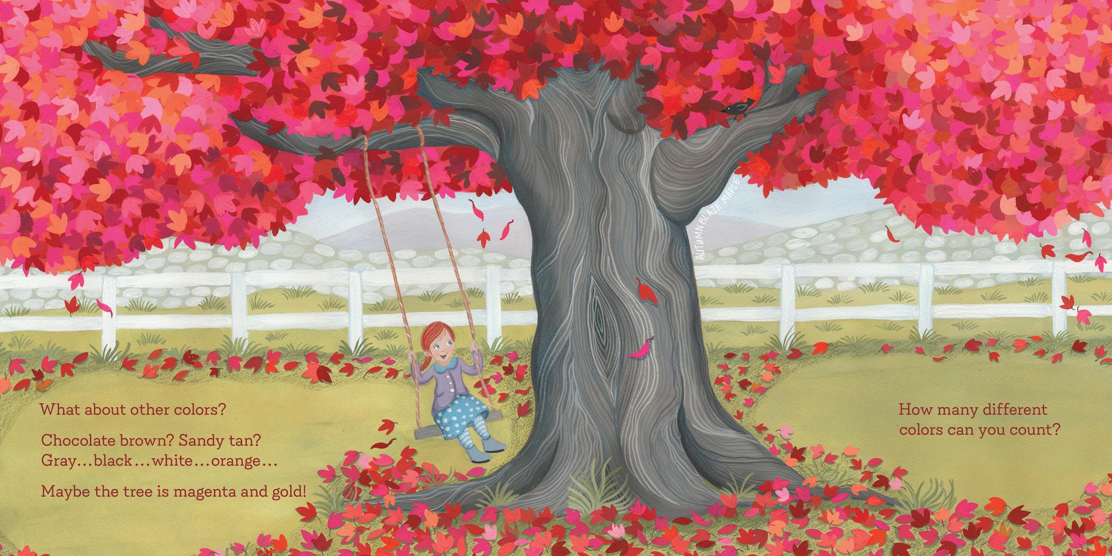 illustration of a child on a swing, suspended from an autumn blaze maple tree, with bright red leaves. A picket fence is in the background.