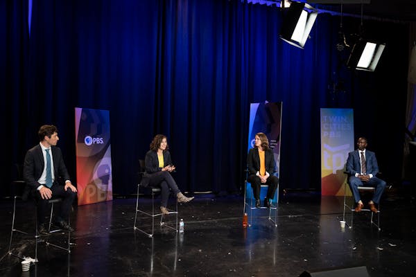 From the left, Minneapolis mayoral candidates Jacob Frey, Sheila Nezhad, Kate Knuth, and A.J. Awed debate during a filming of TPT Almanac in St. Paul,