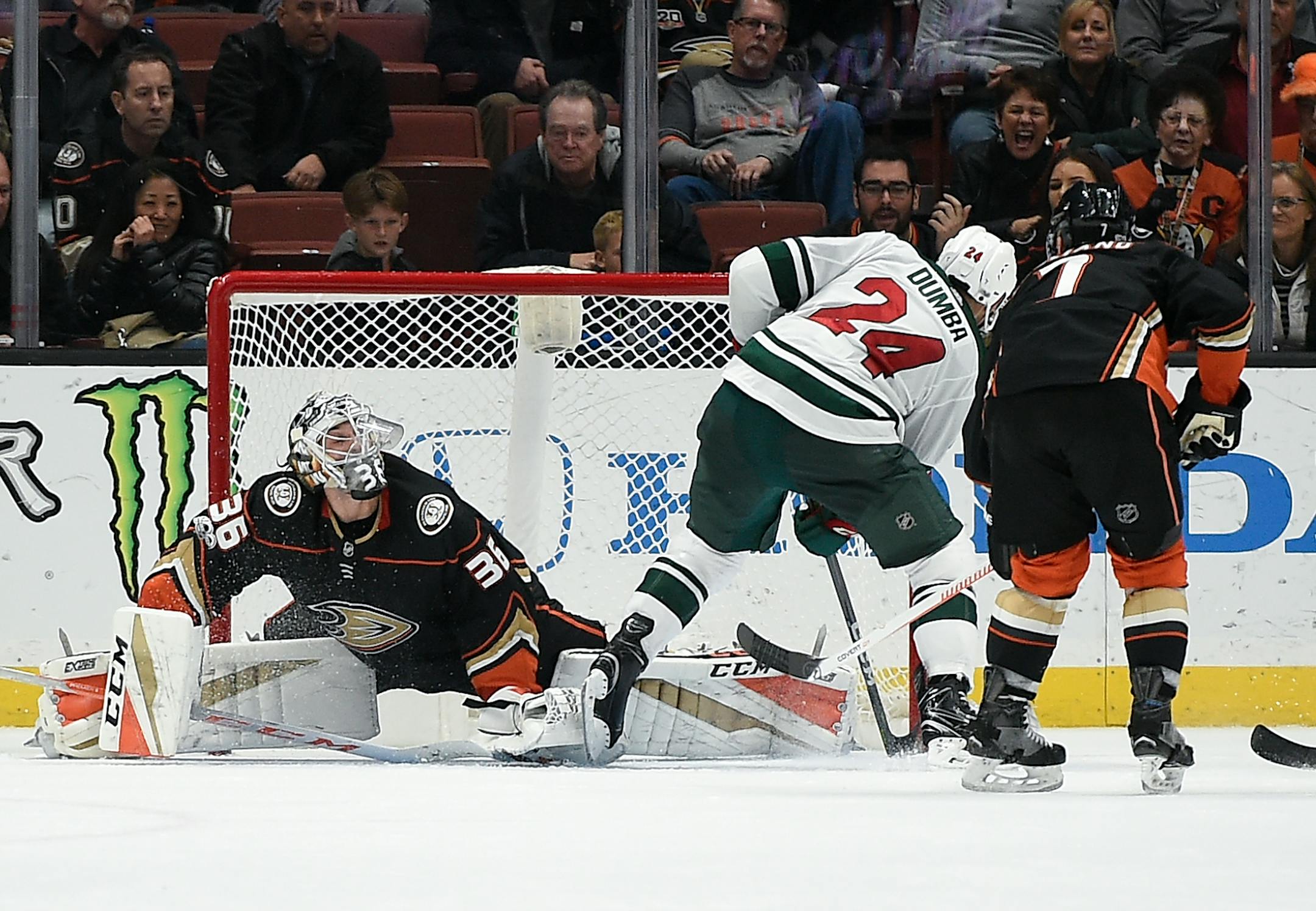 Minnesota Wild defenseman Matt Dumba (24) scores on Anaheim Ducks goalie John Gibson during overtime of an NHL hockey game in Anaheim, Calif., Friday, Dec. 8, 2017. The Wild won 3-2. (AP Photo/Kelvin Kuo)