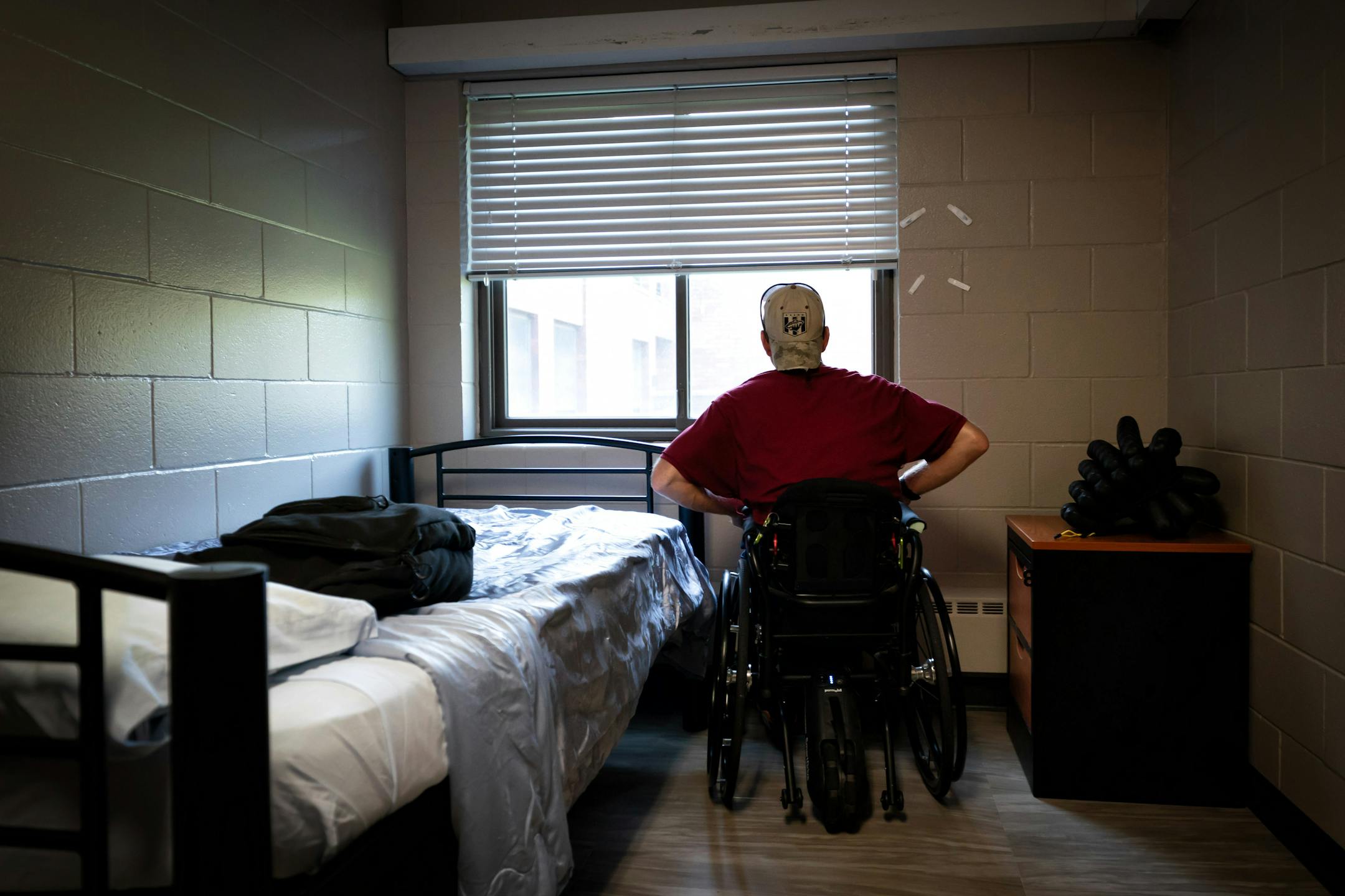 The first vet to move into the new wing since the program became permanent, Brett Gipson looked out his window as he settled into his new room Friday, July 28, 2023  St. Paul, Minn. St. Paul nonprofit Union Gospel Mission Twin Cities just launched a new program to serve homeless military veterans in the Twin Cities.   ] GLEN STUBBE • glen.stubbe@startribune.com