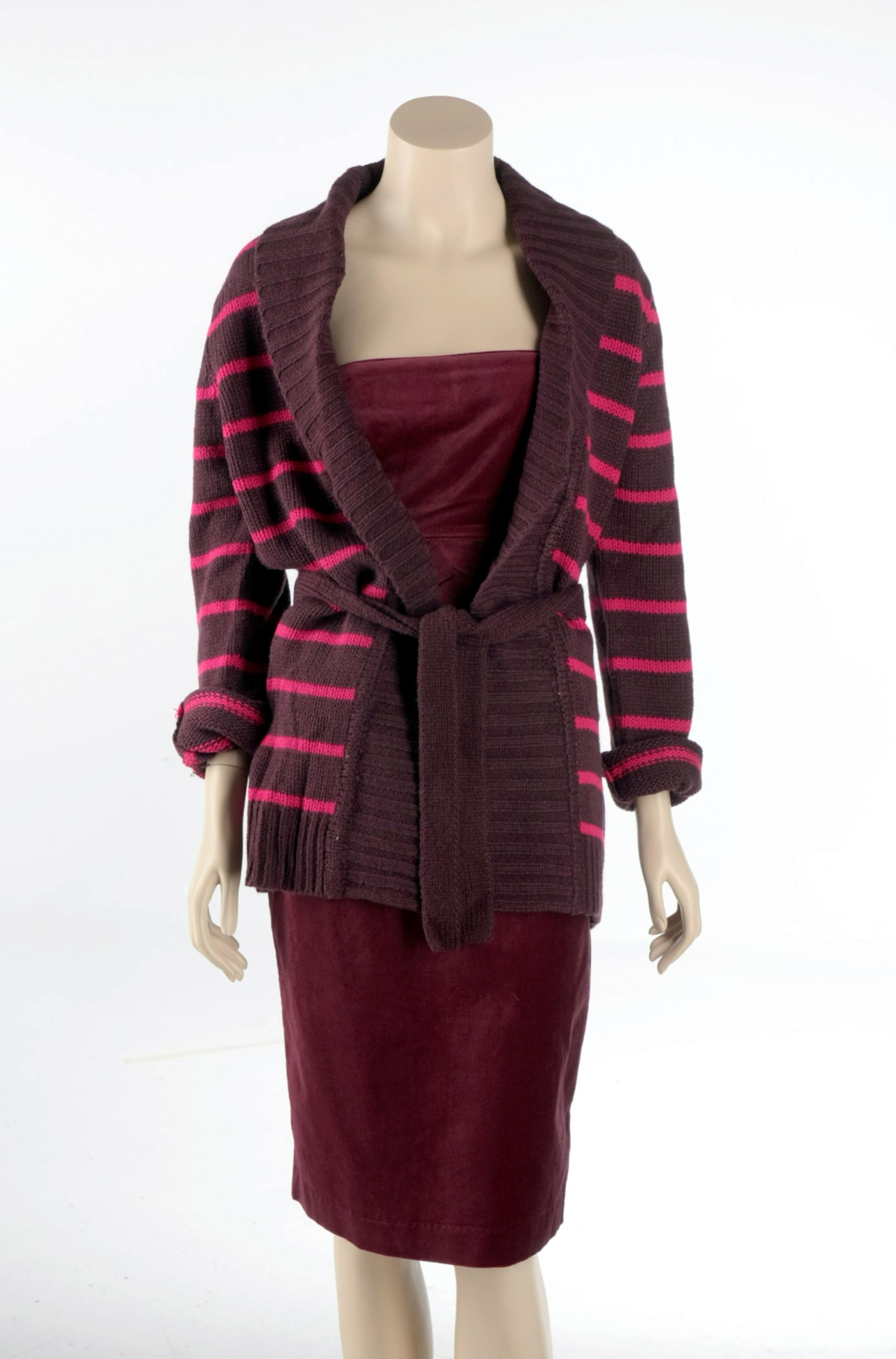 Belted cardigan ($10.98) and strapless velvet dress ($19.98), from Steve & Barry's,