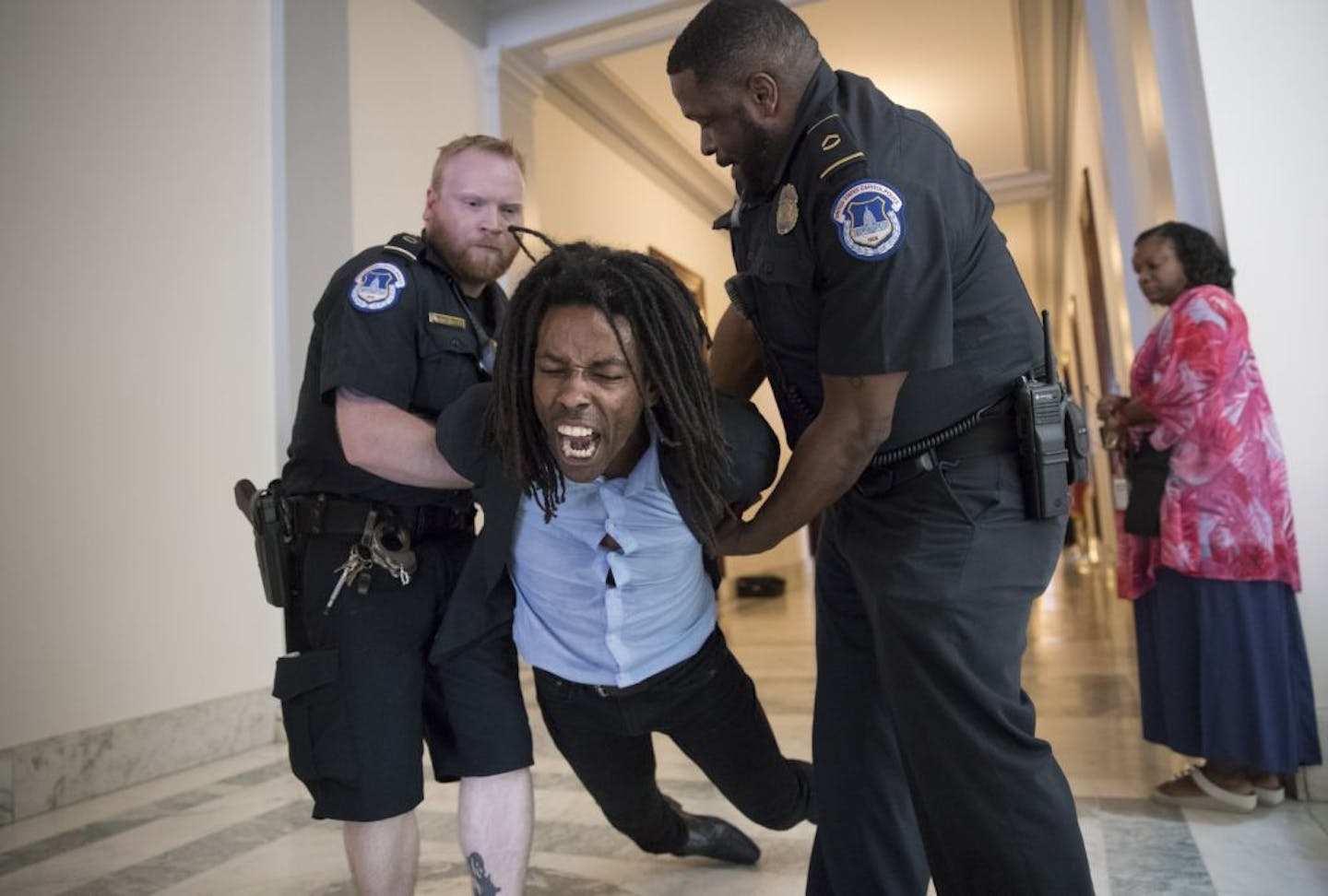 A demonstrator is taken into custody by U.S. Capitol Police as activists protest against the Republican health care bill outside the offices of Sen. Jeff Flake, R-Ariz., and Sen. Ted Cruz, R-Texas, Monday, July 10, 2017, on Capitol Hill in Washington.