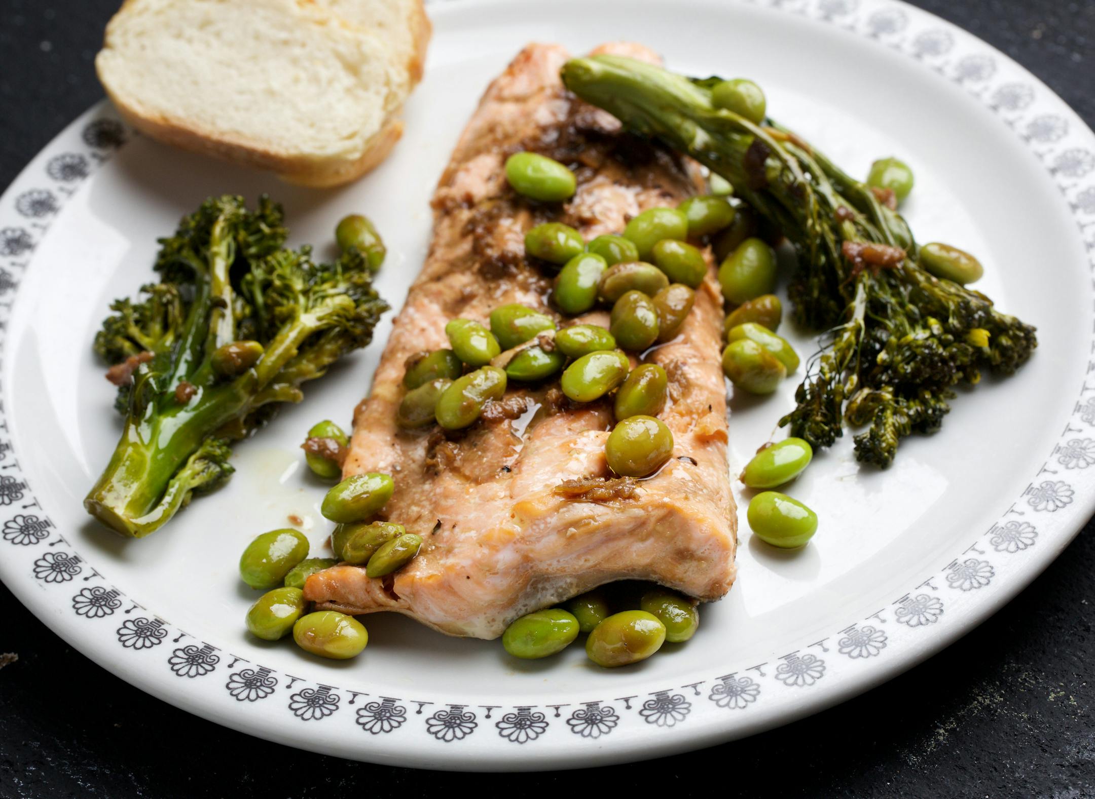 Arctic Char, Broccolini and Edamame With Soy-Ginger Sauce. MUST CREDIT: Photo by Deb Lindsey for The Washington Post.