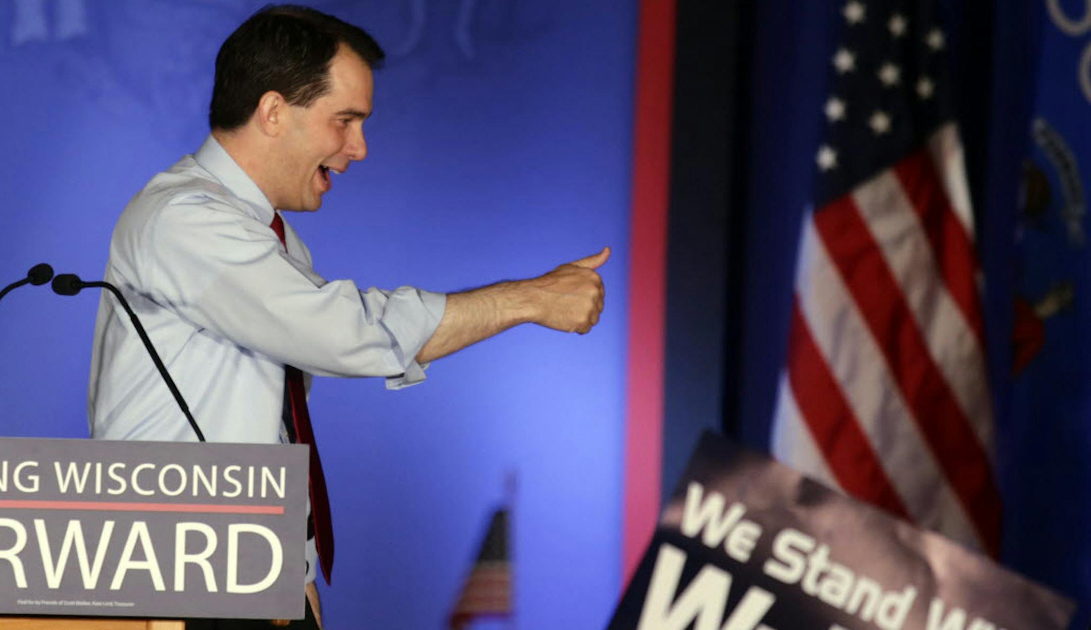Wisconsin Republican Gov. Scott Walker celebrates at his victory party Tuesday.