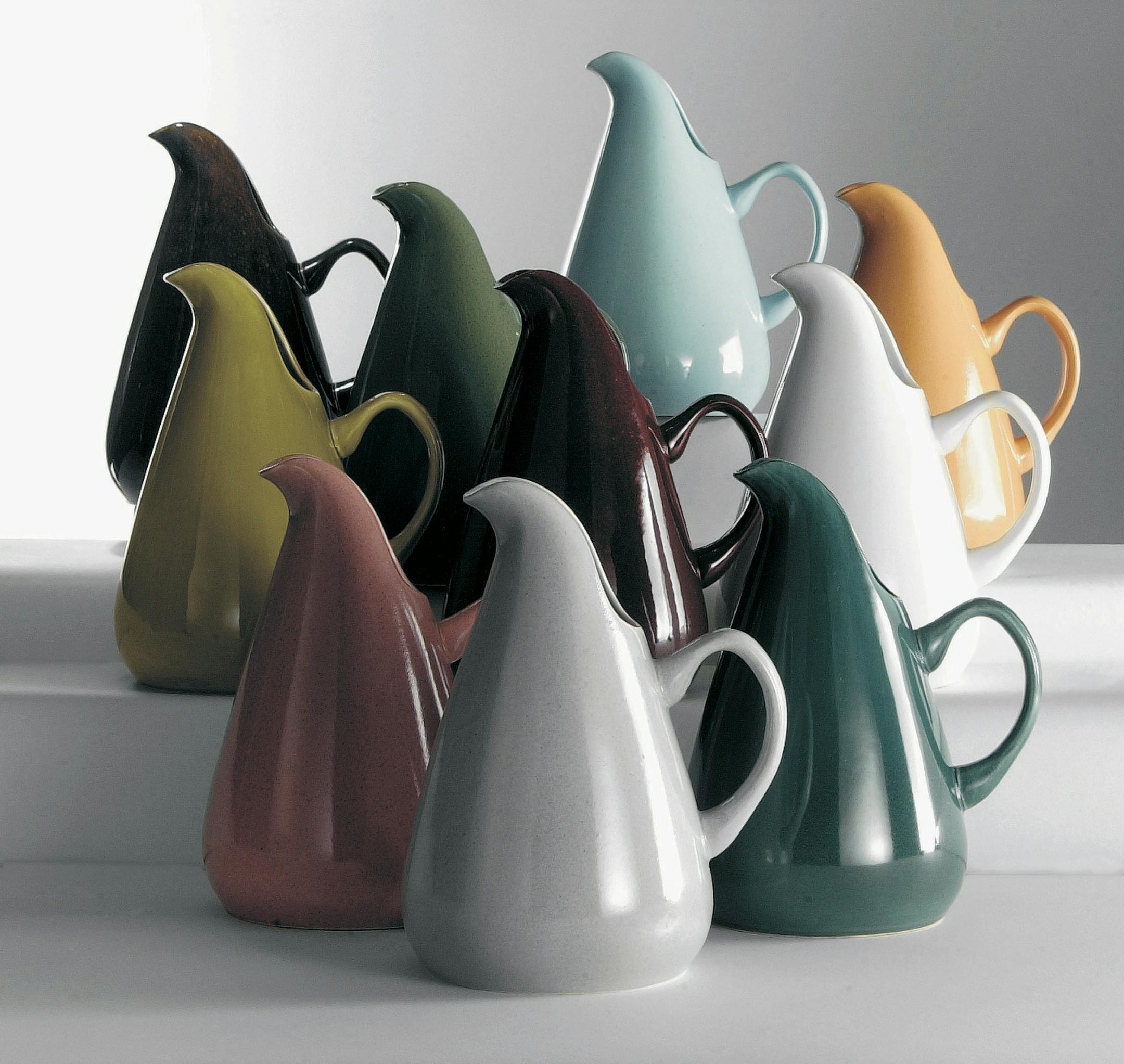 Water pitchers from Wright's American Modern line: More than 250 million pieces of American Modern cast and glazed ceramic dinnerware were produced from 1939 to 1959 at the Steubenville Pottery in Ohio.