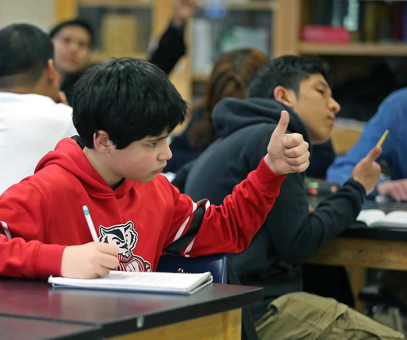 Washburn High School student Cole Keyes gave a thumbs up after answering an exercise question in Chemistry class, Tuesday, February 24, 2015 in Minneapolis, MN. Washburn High School had the biggest jump in graduation rates of all Minneapolis public high schools. ] (ELIZABETH FLORES/STAR TRIBUNE) ELIZABETH FLORES &#x2022; eflores@startribune.com