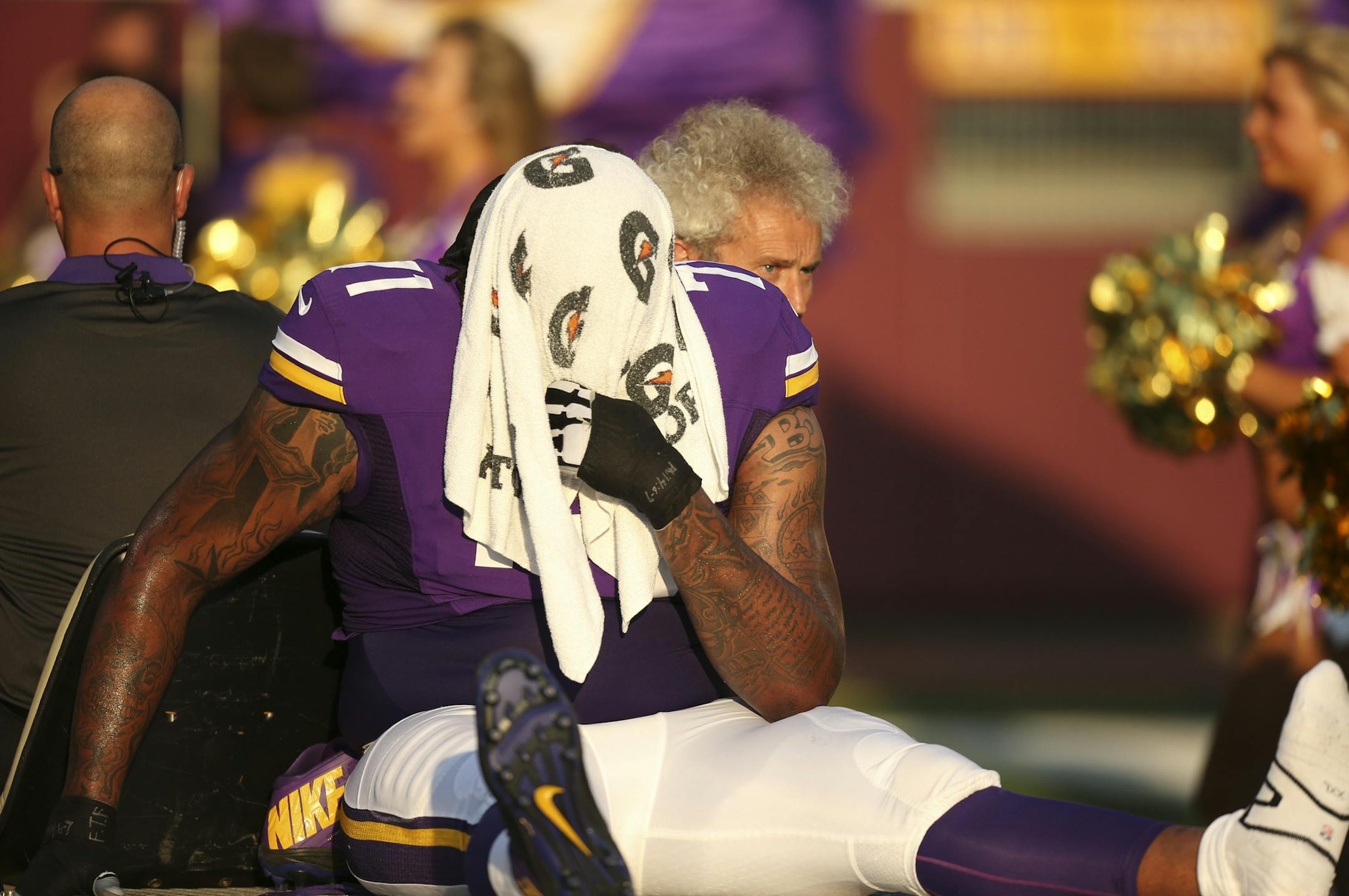 Vikings tackle Phil Loadholt was carted from Saturday night’s preseason game against Tampa Bay in the first quarter after injuring an Achilles' tendon.