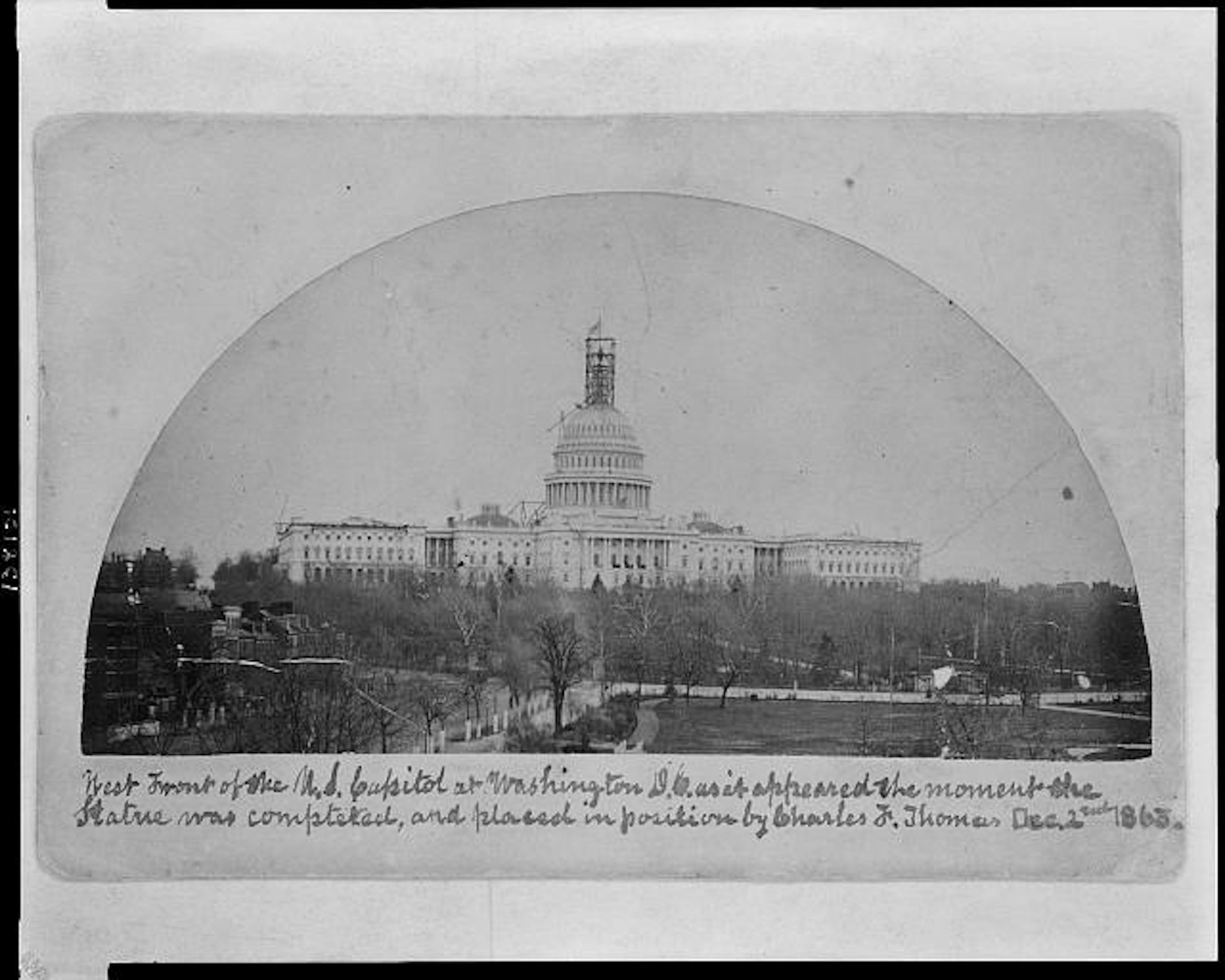 The U.S. Capitol the day the final piece of the Statue of Freedom was placed atop the dome, Dec. 2, 1863. It is not known whether Philip Reed, the enslaved man who played an integral role in its creation, was there to see it. MUST CREDIT: Library of Congress