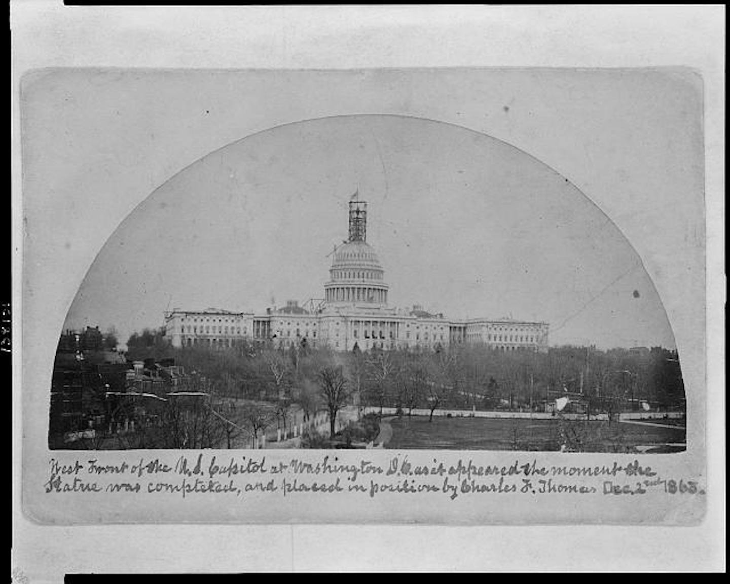 The U.S. Capitol the day the final piece of the Statue of Freedom was placed atop the dome, Dec. 2, 1863. It is not known whether Philip Reed, the enslaved man who played an integral role in its creation, was there to see it. MUST CREDIT: Library of Congress