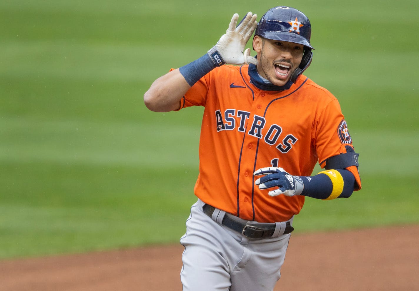 Carlos Correa celebrated after hitting a home run in the seventh inning.