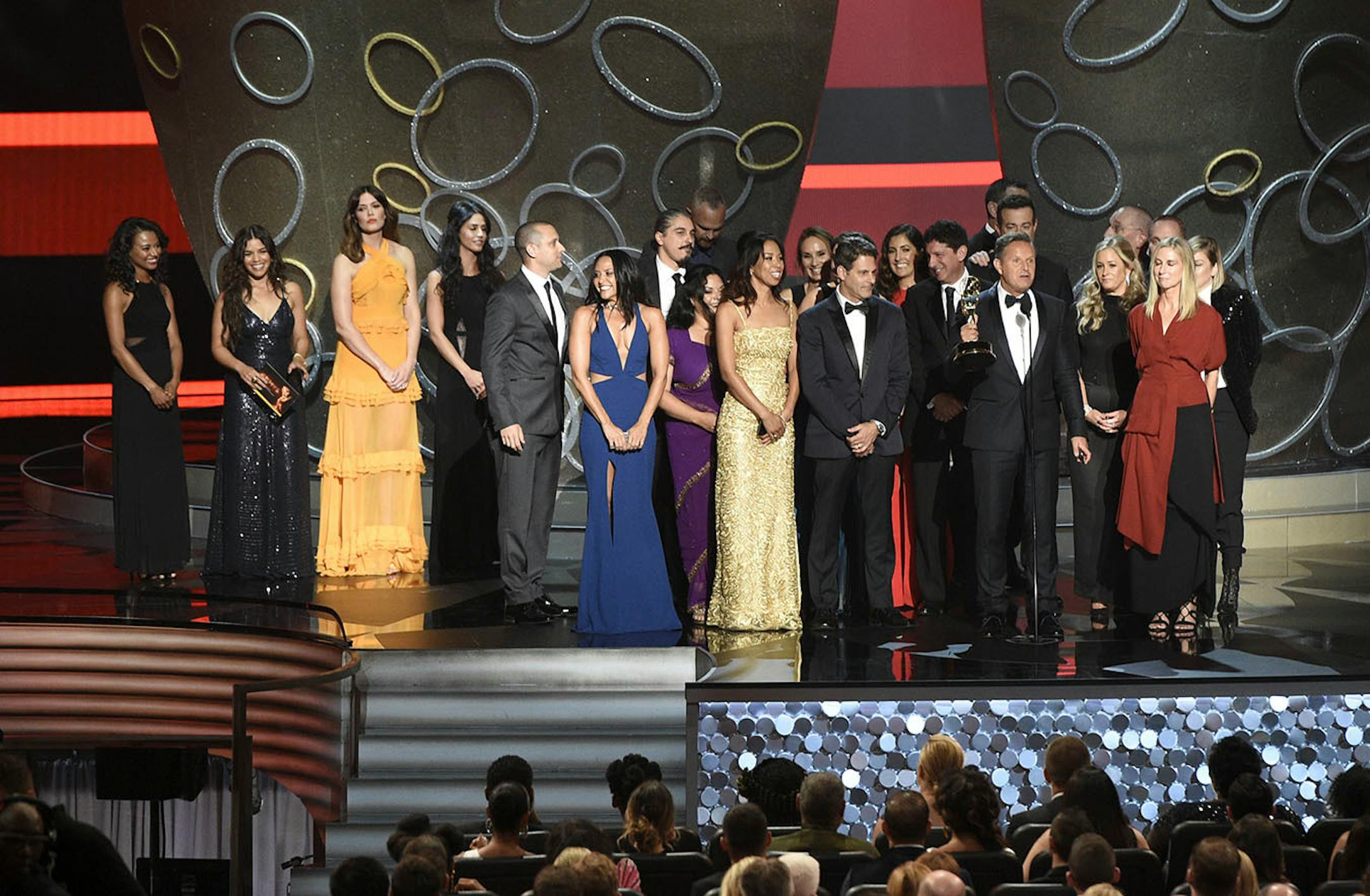 Mark Burnett and the cast and crew of �The Voice� accepts the award for outstanding reality-competition program at the 68th Primetime Emmy Awards on Sunday, Sept. 18, 2016, at the Microsoft Theater in Los Angeles.