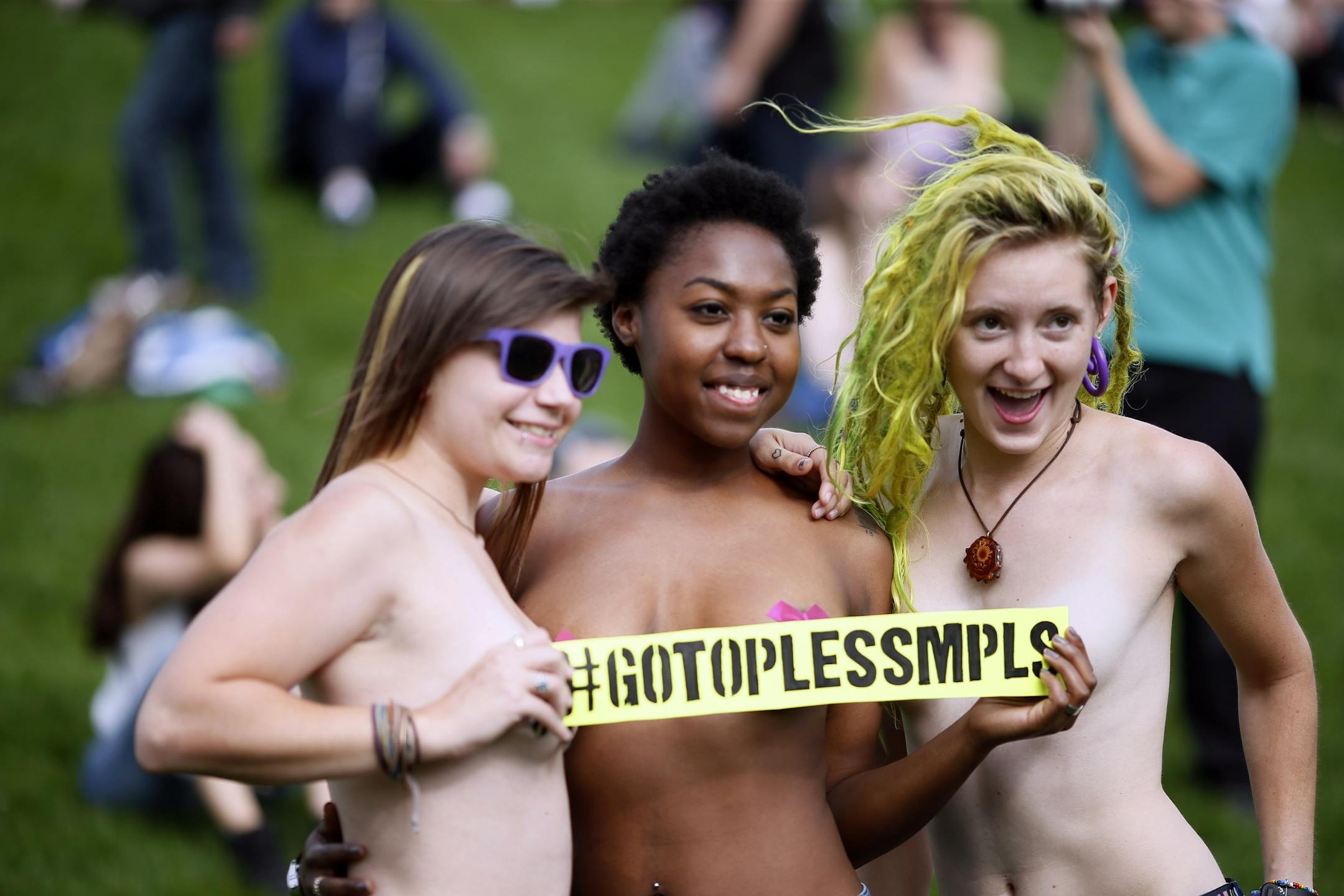 Saying it's a matter of gender equity and freedom of expression, topless demonstrators gathered at Gold Medal Park Sunday August 23, 2015 in Minneapolis, MN.