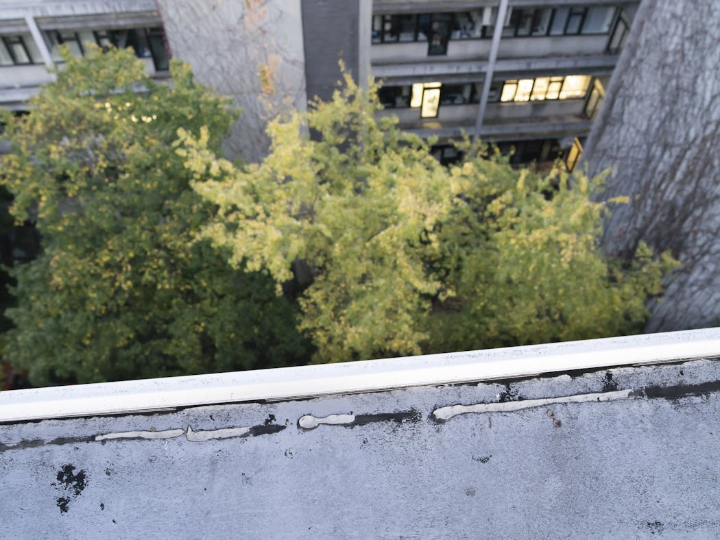 A photo provided by Auke-Florian Hiemstra of dried glue on the roof of the Antwerp hospital in Belgium, where anti-bird spikes had been installed and then gone missing.