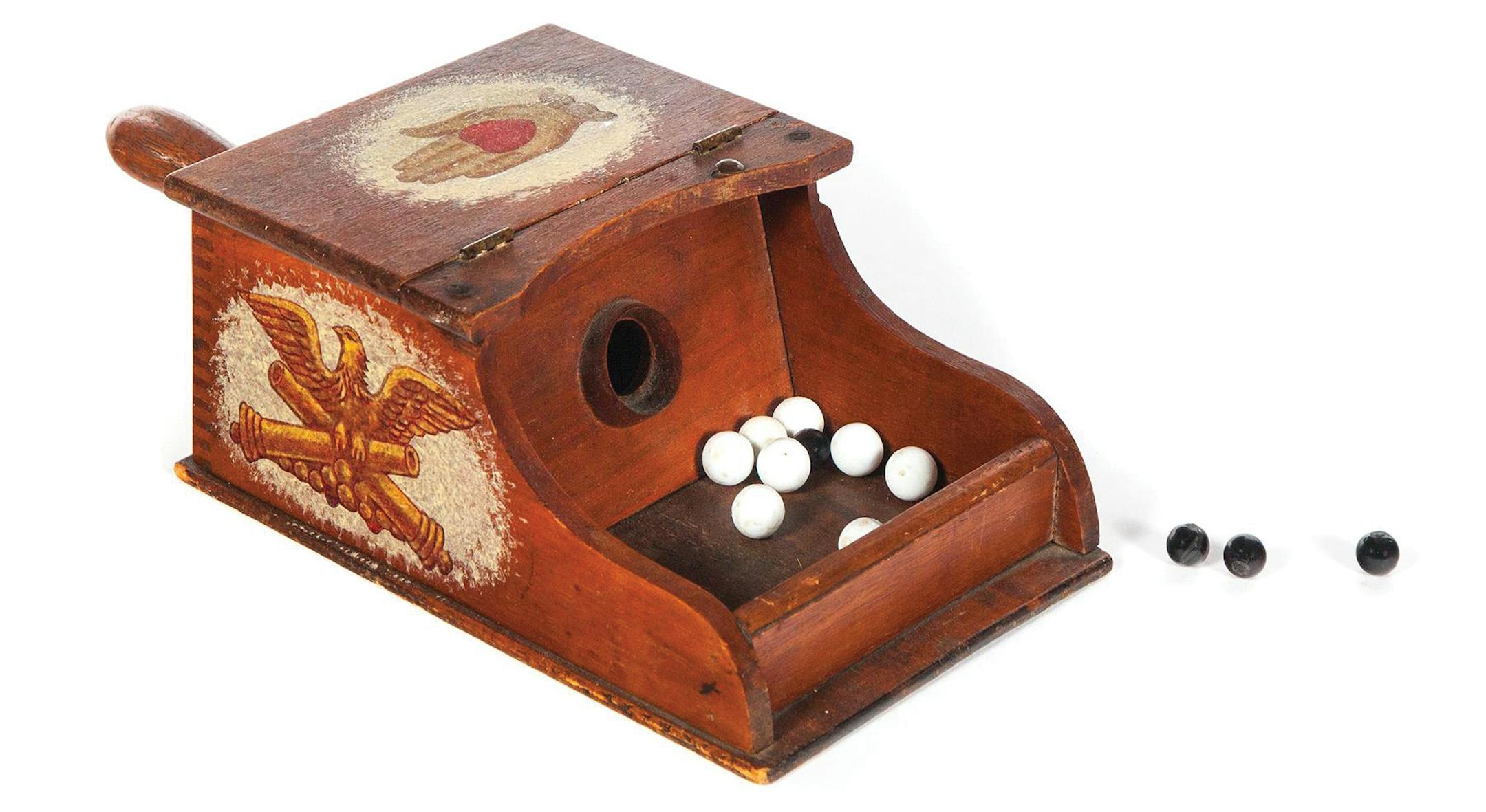 A blackball box and marbles used in Ohio in the early 1900s was auctioned at Garth's for $500. The box had machine-made dovetailing and was decorated with decoupage prints in painted frames.
(c) 2019 by Cowles Syndicate Inc.
