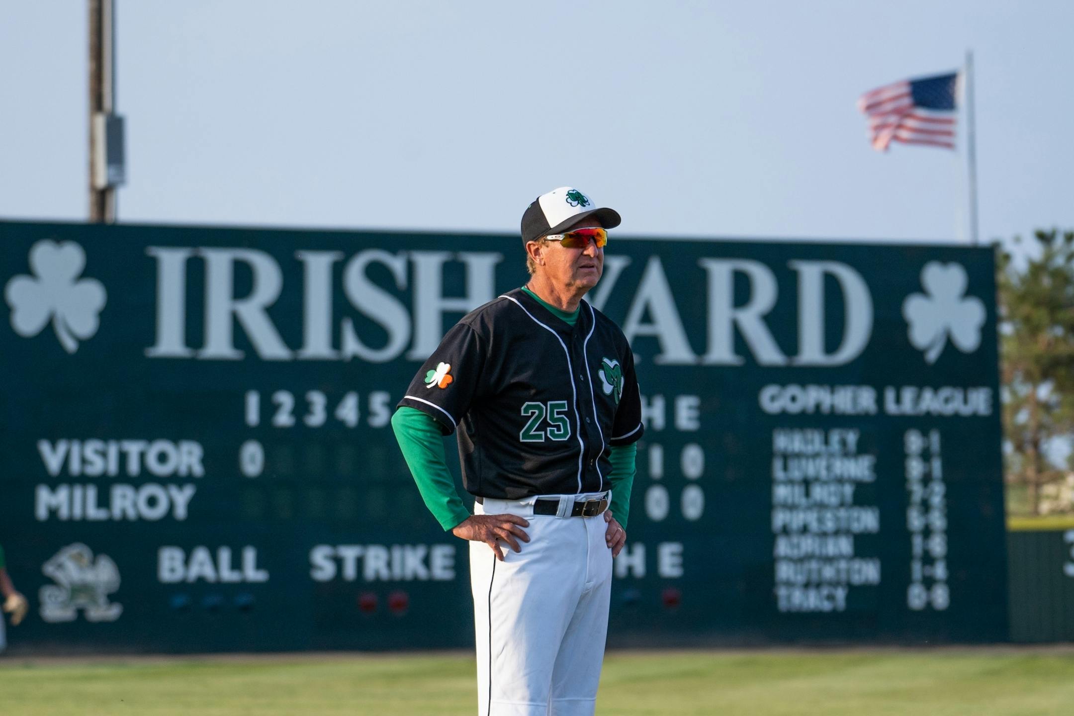 Milroy Irish manager Bob Dolan steps in as third base coach against Bird Island.