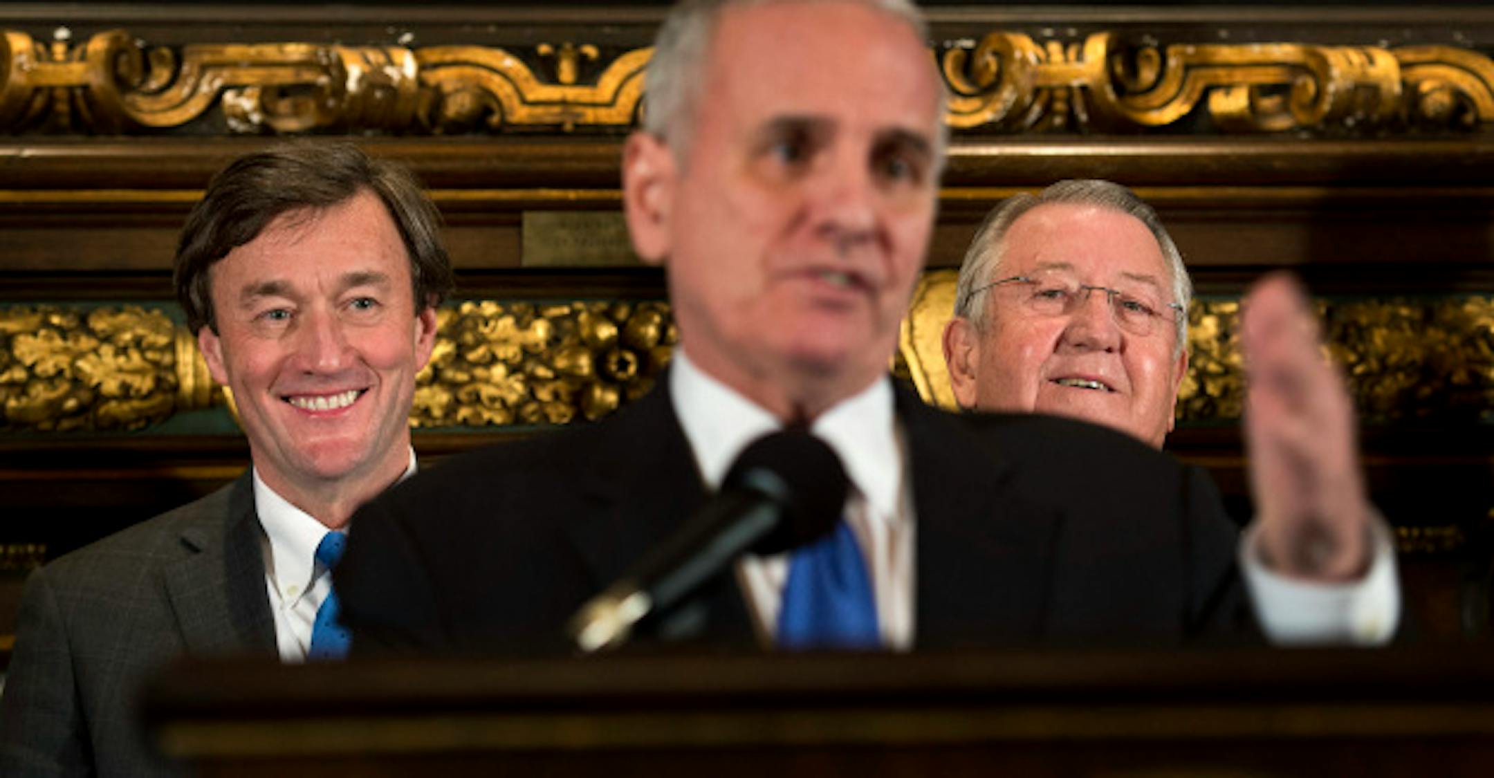 Mayo Clinic president and CEO John Noseworthy and Rochestor Mayor Ardell Brede were all smiles as Governor Mark Dayton talked Mayo plans for Destination Medical Center, a $6 billion expansion project in Rochester, Minnesota, Wednesday, January 30, 2013     ]   GLEN STUBBE * gstubbe@startribune.com