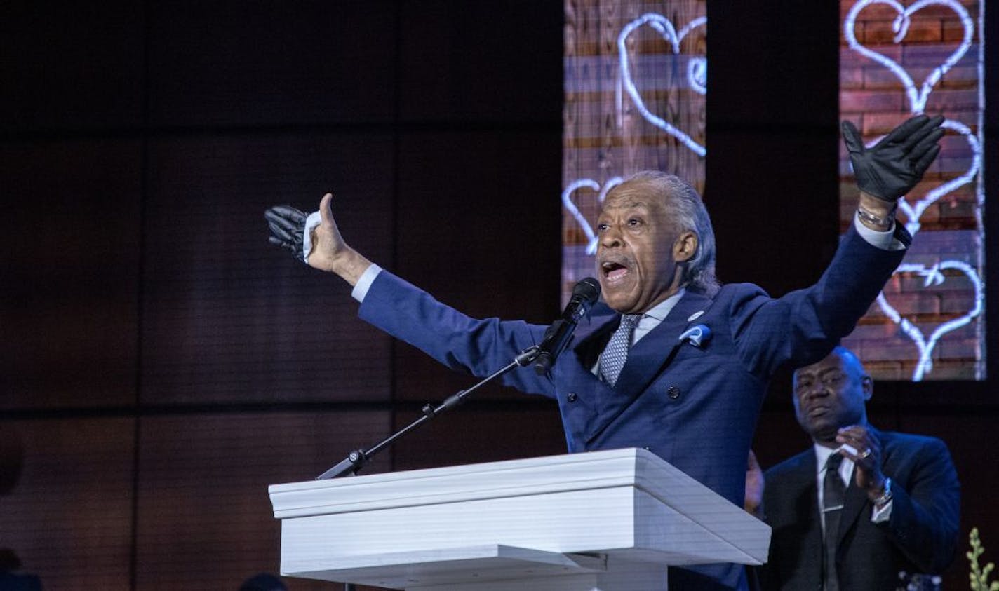 Rev. Al Sharpton spoke during a memorial service for George Floyd at North Central University in Minneapolis.