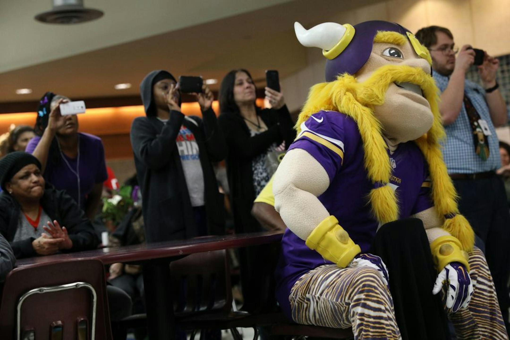 Viktor the Viking listened along with residents as players were introduced Tuesday.