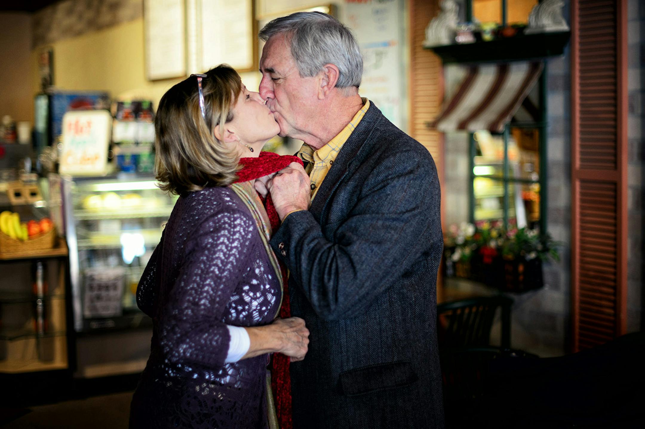Congressman Rick Nolan helped his wife Mary on with her scarf on a chilly Duluth morning then kissed her. ] GLEN STUBBE * gstubbe@startribune.com Friday, October 31, 2014