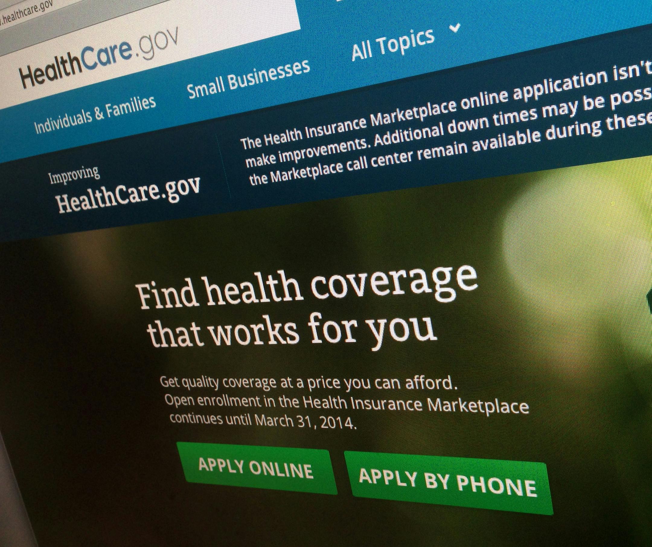 FILE - This Nov. 29, 2013 file photo shows part of the HealthCare.gov website, photographed in Washington. President Barack Obamaís fickle health insurance website is finally starting to put up some respectable signup numbers, but its job only seems to have gotten harder. Two months in and out of the repair shop have left significantly less time to fulfill the White House goal of enrolling 7 million people for 2014 by the end of open enrollment March 31. (AP Photo/Jon Elswick)