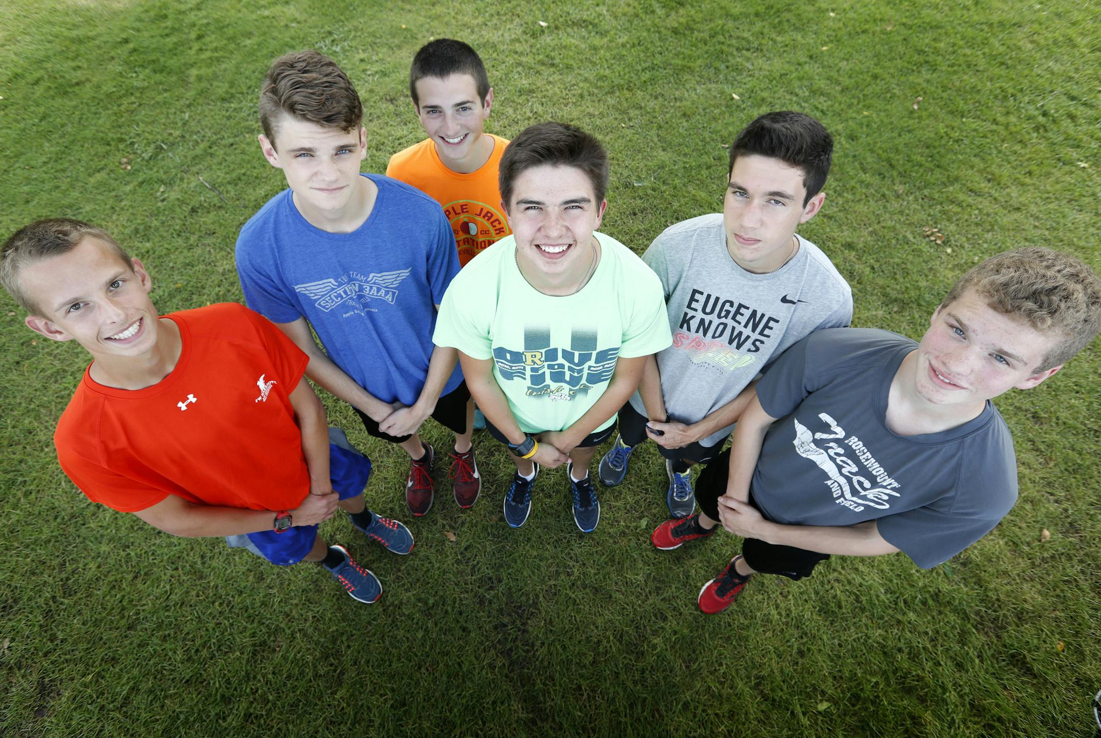 Luke Labatte, Spencer Schultz, Mark Biechler, Jonathan Meaden, Travis Lorch and Payne Freske of the Rosemount High School cross country team. ] CARLOS GONZALEZ cgonzalez@startribune.com - September 6, 2016, Rosemount, MN, Rosemount High School / Prep boys cross-country