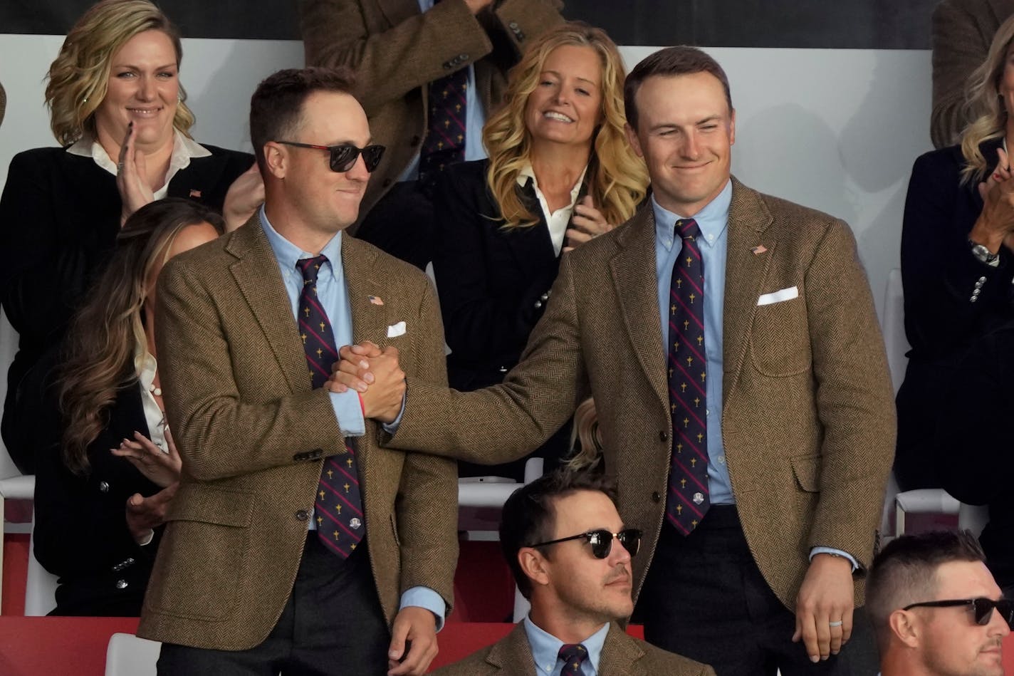 Team USA's Justin Thomas and Jordan Spieth shake hands after it was announced they would play together in Fridays foursomes