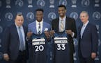 Coach Tom Thibodeau, left, and General Manager Scott Layden, introduced the 2018 Draft Picks Josh Okogie (20th overall), left, and Keita Bates-Diop (4