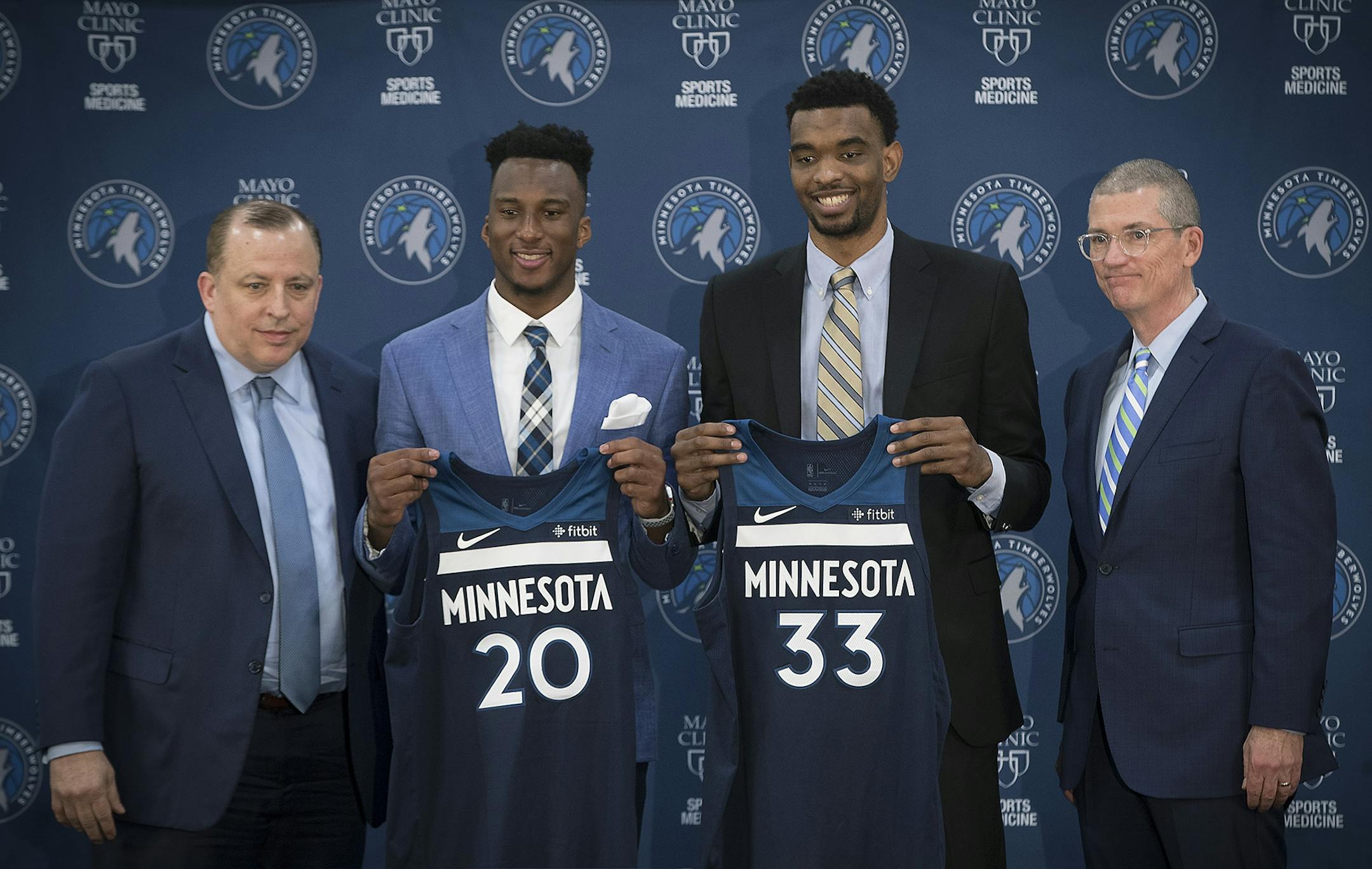 Coach Tom Thibodeau, left, and General Manager Scott Layden, introduced the 2018 Draft Picks Josh Okogie (20th overall), left, and Keita Bates-Diop (48th overall)