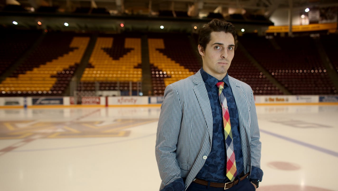 Gopher forward Vinni Lettieri stood on the ice in what he might wear after a game. ] (KYNDELL HARKNESS/STAR TRIBUNE) kyndell.harkness@startribune.com Vinni Lettieri is having his best season with the Gophers, and he also might be the best-dressed guy in Gophers sports. This was shot Tuesday, Feb. 28, 2017 at Mariucci Arena in Minneapolis, Min.