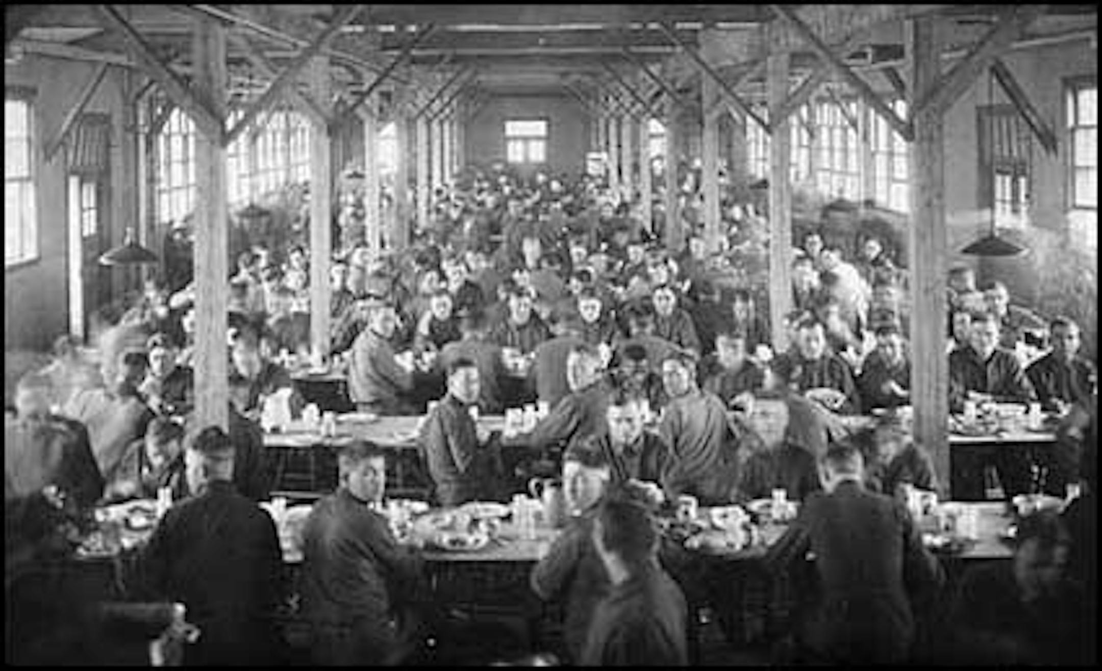 Soldiers shared a meal at Fort Snelling's mess hall in this photo taken about 1918. In October 1918, Minneapolis health officials advised against gatherings in enclosed spaces such as this, where the contagion could easily move from person to person. (Photo courtesy mnhs.org) http://collections.mnhs.org/visualresources/image.cfm?imageid=104838&Page=1&Digital=Yes&EndDate=1918&Keywords=mess%20hall&StartDate=1918&SearchType=Basic