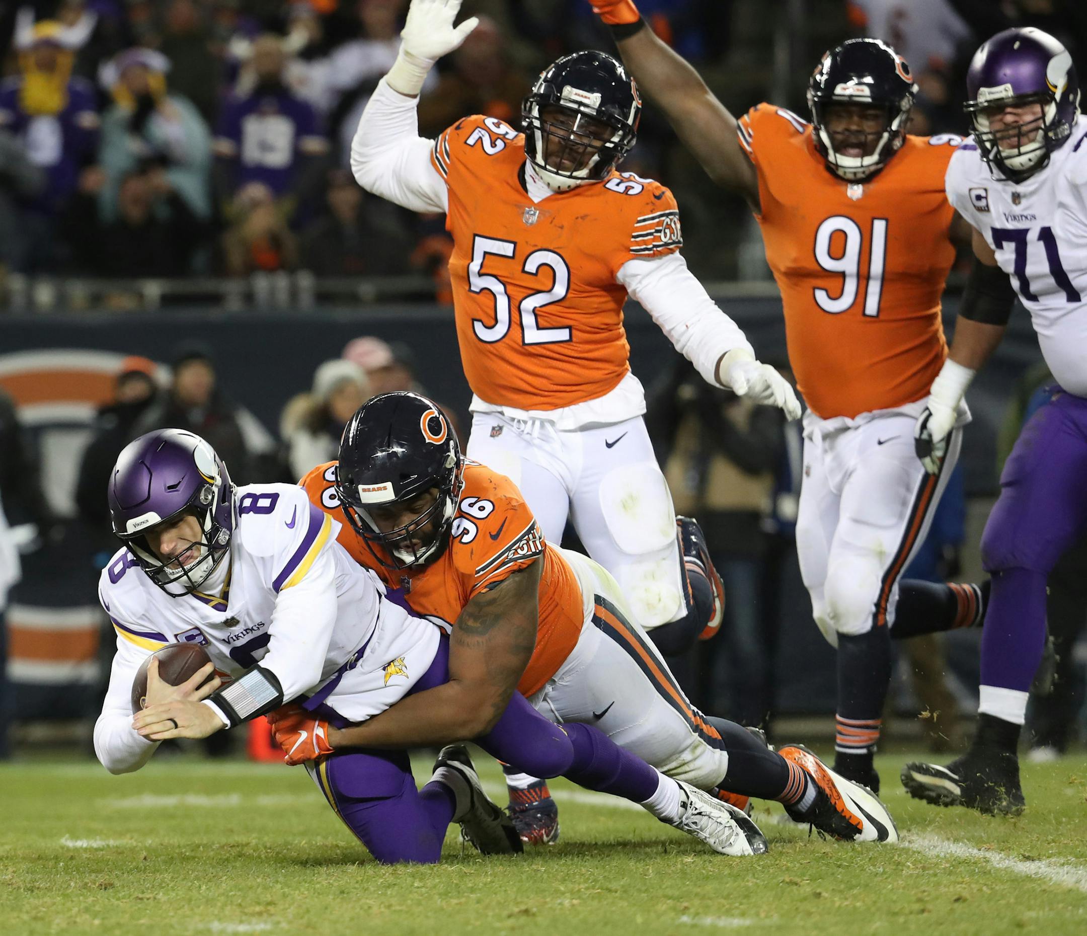 Chicago Bears defensive end Akiem Hicks (96) sacks Minnesota Vikings quarterback Kirk Cousins (8) in the fourth quarter on Sunday, Nov. 18, 2018 at Soldier Field in Chicago, Ill. Hicks missed Wednesday's practice for "precautionary" reasons after an injury to his Achilles tendon popped up in the morning, coach Matt Nagy said Thursday. (Brian Cassella/Chicago Tribune/TNS) ORG XMIT: 1249554