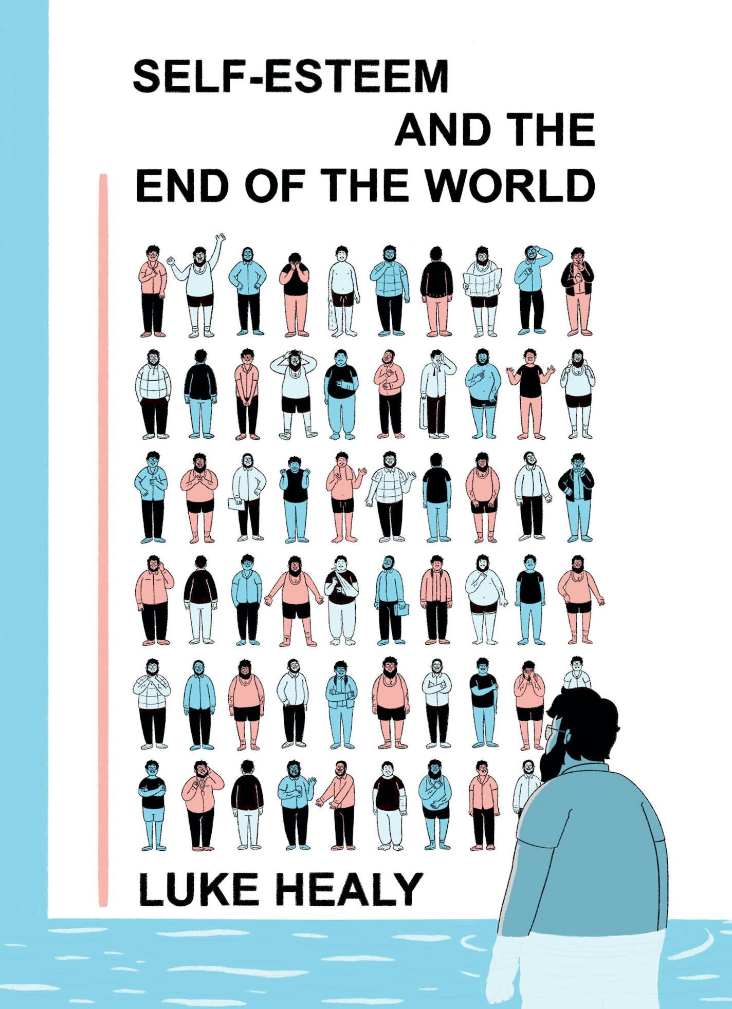 cover of "Self-Esteem and the End of the World" depicts a cartoon of a man contemplating cartoons of other men