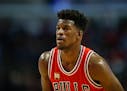 Chicago Bulls guard Jimmy Butler looks on against the Philadelphia 76ers during the first half of an NBA basketball game, Wednesday, April 13, 2016 in