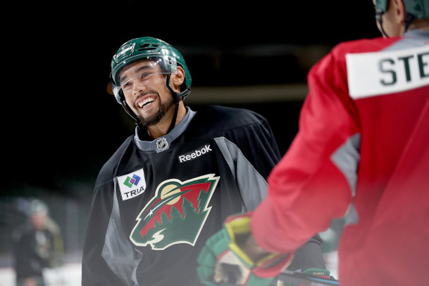 Minnesota Wild defenseman Matt Dumba laughed with teammate Chris Stewart during the first day of practice on the ice at the Xcel Energy Center, Friday, September 23, 2016 in St. Paul, MN.    ] (ELIZABETH FLORES/STAR TRIBUNE) ELIZABETH FLORES ' eflores@startribune.com