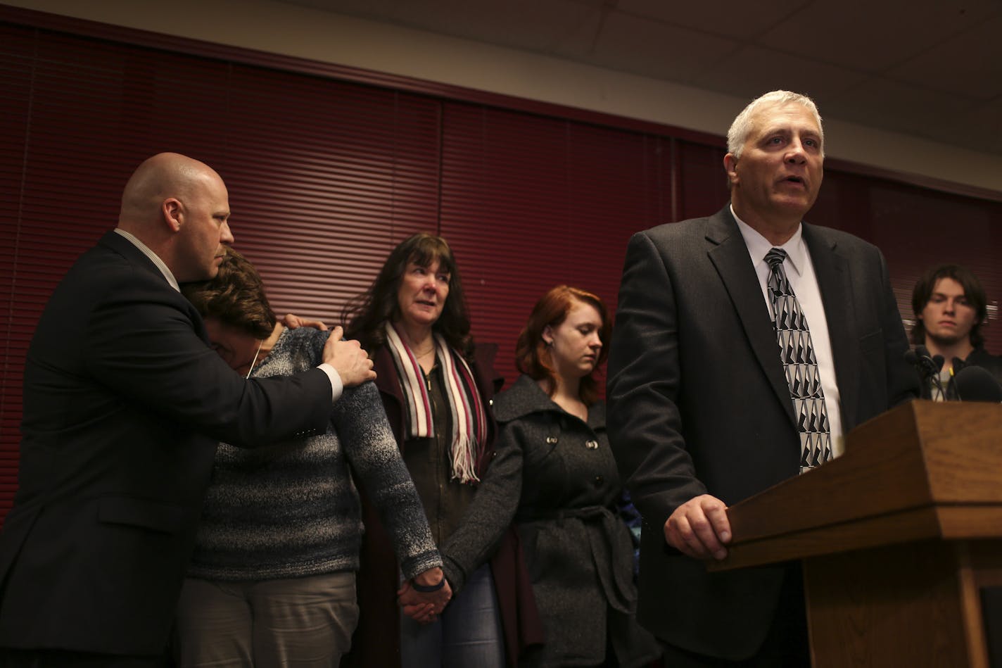 Mendota Heights Police Chief Mike Aschenbrener thanked everyone involved in bringing about the guilty verdicts Monday night in the Stearns County Sheriff's Office in St. Cloud. Officer Scott Patrick's widow, Michelle, was comforted at left while Aschenbrener spoke by Mendota Heights police Sgt. Tanner Spicer. ] JEFF WHEELER &#x201a;&#xc4;&#xa2; jeff.wheeler@startribune.com Jurors returned a guilty verdict on all counts in the trial of Brian G. Fitch Monday night, February 2, 2015 in St. Cloud. s