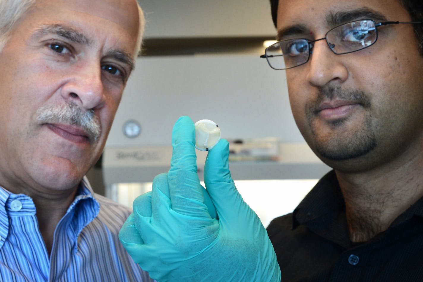 Robert Tranquillo, left, and Zeeshan Syedain, right, with one of their engineered heart valves. They are producing tissue engineered heart valves growing in a bio reactor at the University of Minnesota. Friday, August 23, 2013 ] GLEN STUBBE * gstubbe@startribune.com