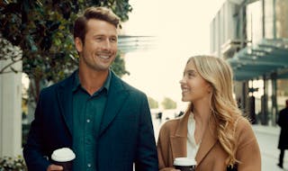 Glen Powell and Sydney Sweeney in a scene from “Anyone but You.”