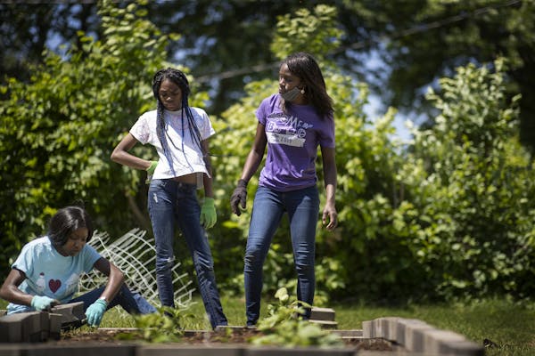 LeAndra Estis, right, grows vegetables at home in St. Paul with her daughters Quaia Crenshaw, 19, left, and Lonna Estis, 13.